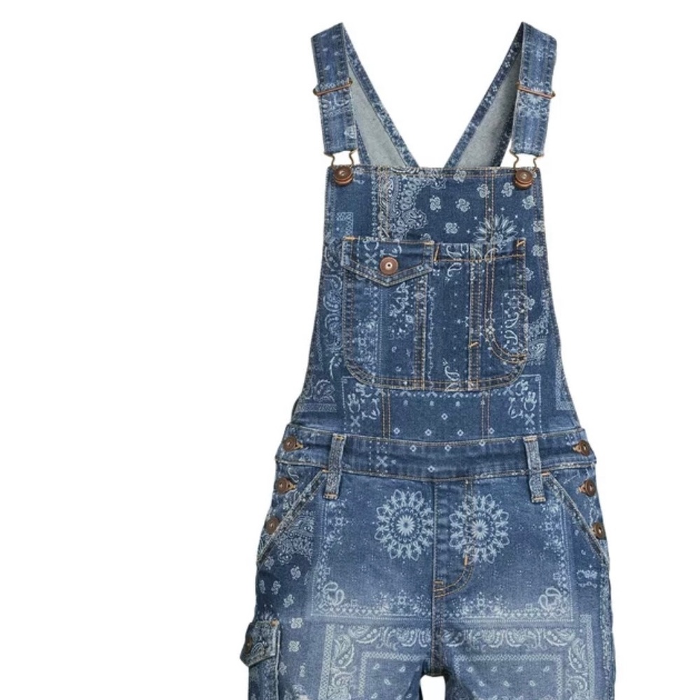 NO BOUNDARIES BLUE JEAN SHORTS OVERALLS, FRAYED DISTRESSED PAISLEY, WOMEN GIRL-